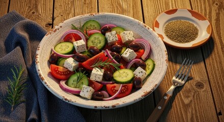 Fresh colorful greek salad with feta cheese and olives in a white rustic bowl on a wooden table on a bright sunny day