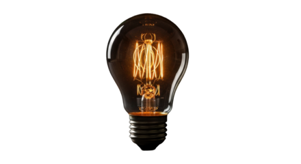 A centered, classic Edison-style incandescent light bulb with a glowing multi-coil tungsten filament emitting warm orange-yellow light against a deep matte black background, concept of innovation and
