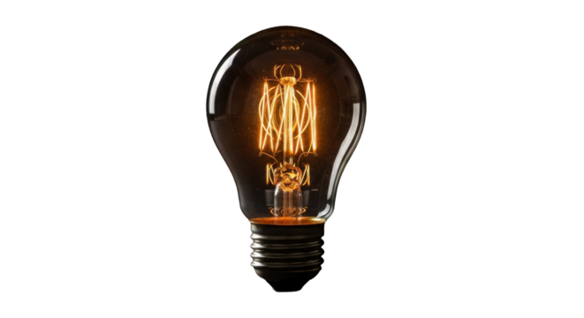 A centered, classic Edison-style incandescent light bulb with a glowing multi-coil tungsten filament emitting warm orange-yellow light against a deep matte black background, concept of innovation and