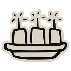 Potted flowers minimal doodle icon: hand drawn vector sketch of three plants in pots for home decor, garden, nature, indoor, simple, retro, sticker, cute, drawing, abstract, illustration, house