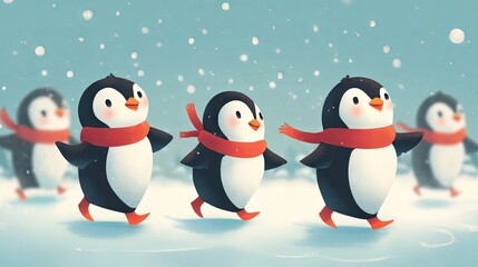 Obraz premium A playful, cartoon-style image showing cute penguins gliding across the ice against a joyful Christmas-themed backdrop 