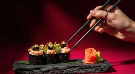 Person using chopsticks to pick up gourmet sushi roll with shrimp and black caviar from a slate plate