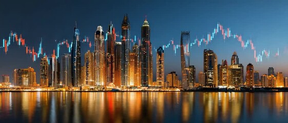 Night Skyline Financial Hub: A vibrant cityscape with skyscrapers illuminates against a twilight sky, showcasing dynamic financial data analysis reflecting the ever-evolving business landscape. - Powered by Adobe