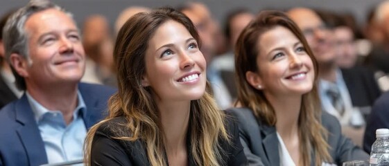 Engrossed Audience: Three attendees at a business conference are captured with looks of anticipation and fascination, reflecting an atmosphere of learning and engagement. 
