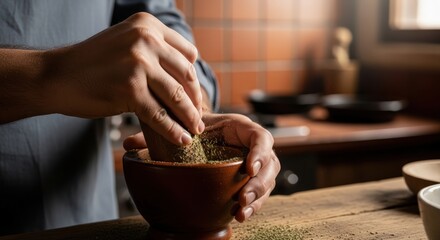 Man grinding dried herb or spice in mortar and pestle. Folk medicine and herbal ingredient preparation with traditional tool.