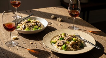 Two plates of mushroom and brussels sprout risotto with red wine glasses on a rustic wooden table bathed in sunlight