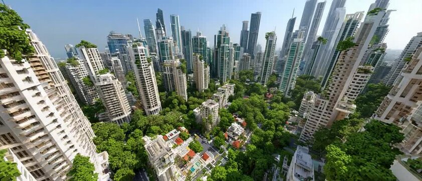 Urban Oasis: A panoramic view showcases a dynamic metropolis, its towering structures seamlessly integrated with verdant green spaces, creating a harmonious blend of urban development and nature. 
