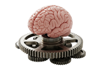 Anatomical depiction of a human brain resting atop interlocking metallic machinery components