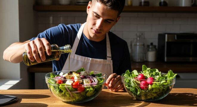 Young man in apron carefully pouring olive oil on fresh vibrant salad in glass bowl on wooden kitchen counter