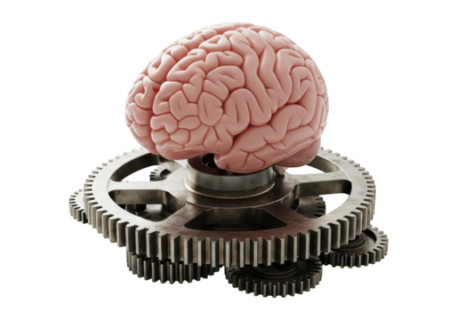 Anatomical depiction of a human brain resting atop interlocking metallic machinery components