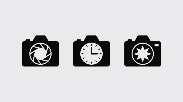 Three camera icons in black with different symbols inside on a light gray background in a horizontal row