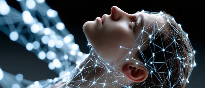 Digital Mindscape: A woman gazes serenely upwards, her silhouette interwoven with a network of glowing digital connections, symbolizing the interconnectedness of human thought and the digital world.