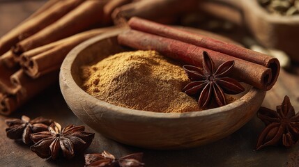 Close-up photo of spices displaying cinnamon sticks star anise and ground spice in a bowl, Generative ai