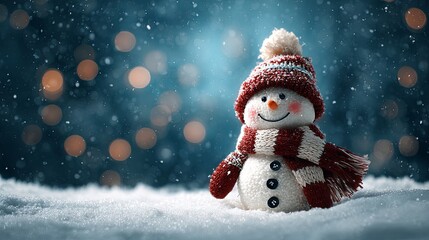 New Year's snow background with a cheerful snowman	