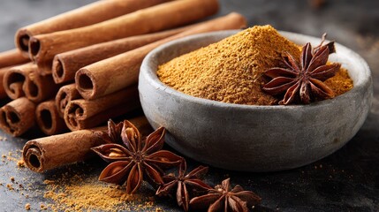 Close-up photo of spices displaying cinnamon sticks star anise and ground spice in a bowl, Generative ai