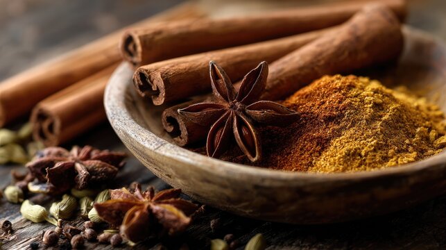 Close-up photo of spices displaying cinnamon sticks star anise and ground spice in a bowl, Generative ai - Powered by Adobe