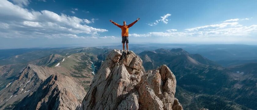 Reaching New Heights: An individual stands triumphantly atop a rugged mountain peak, arms outstretched against a backdrop of boundless sky.