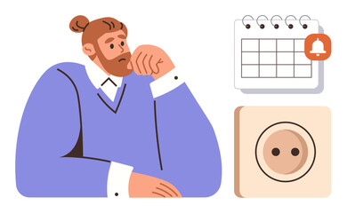 Man resting his head on his hand, pondering next steps. Nearby a calendar reminds of deadlines, an empty plug implies lack of energy or inspiration. Ideal for productivity, procrastination, time