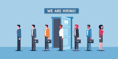 Diverse group of people waiting in line for job interviews