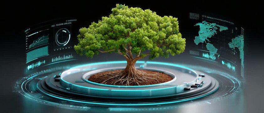 Eco-Tech Convergence: A flourishing tree, symbolizing life and growth, is enveloped by a futuristic digital interface, showcasing data and interconnectedness in a vibrant display.