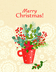 banner with a red cup of blooming christmas flowers. card with bouquet of new year blooms in a white and red polka mug. holiday flora on vintage background