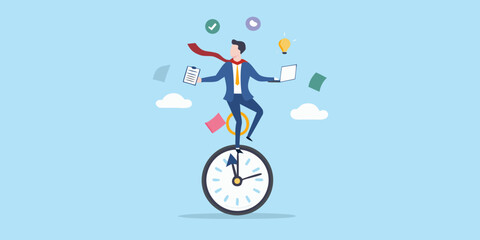 Businessman balancing on a clock with tasks and ideas