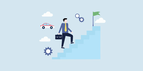 Businessman climbing stairs towards success and goal