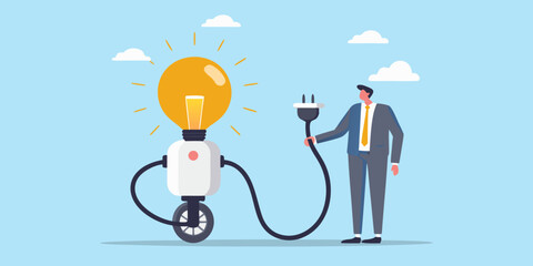 Businessman connecting a light bulb robot for new ideas and innovation