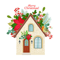 isolated cozy house with new year blooms. card with cute cottage with blooming christmas flowers. building with holiday flora and bird
