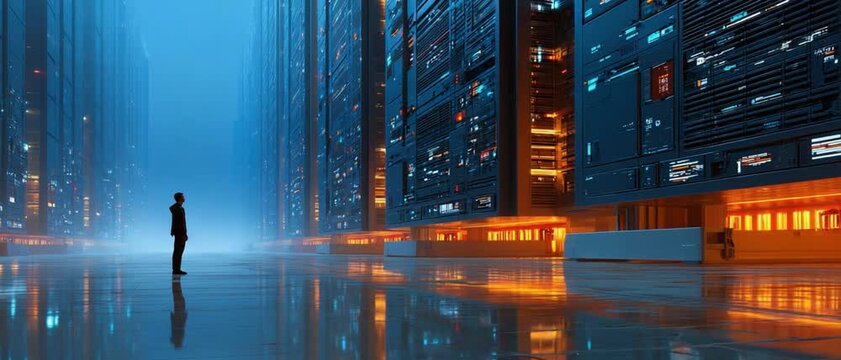 Cyber Serenity: A lone figure stands in awe within the digital domain, surrounded by towering server structures, a testament to the vastness of the digital world.