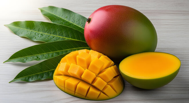 Fresh ripe mangoes and leaves on a white wooden surface - Powered by Adobe
