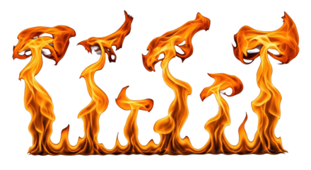 Six dynamically sculpted fire flames, vibrant orange, yellow, red, blue hues, tendrils, flickering edges, fluid rising motion, self-illuminating against a seamless pure black background, concept of