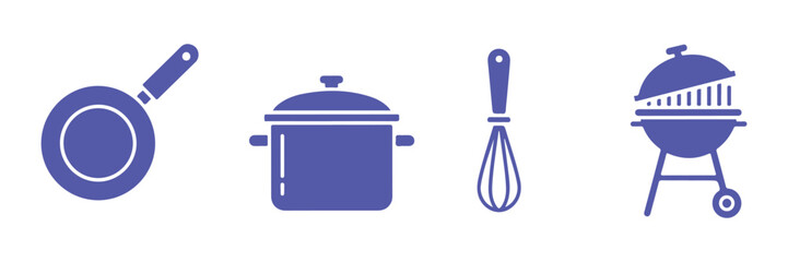 Set of cooking glyph icons. Vector illustrations of kitchen utensils and food preparation items. Includes symbols like frying pan, pot, whisk, grater, ladle, and barbecue.