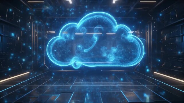 Holographic Blue Cloud Formation in a Dark Futuristic Digital Room with Glowing Lines image photo