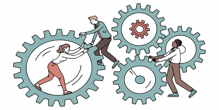 Dynamic teamwork illustration showing business professionals collaboratively turning gears for success, highlighting synergy and efficient workflow in a modern company