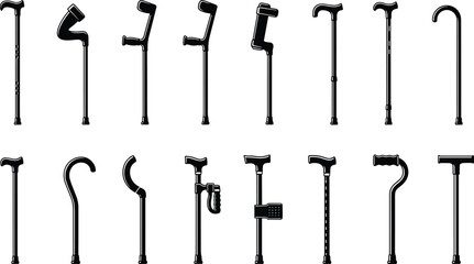Crutches and walking sticks vector silhouette set. Collection of mobility aids, medical support equipment, canes, and elderly assistance icons.