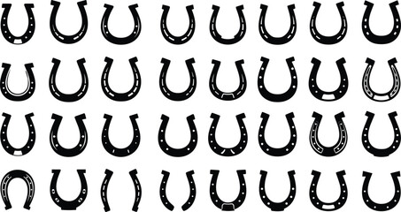 Detailed horseshoe vector silhouette set. Comprehensive collection of different metal horse shoes and lucky charm icon designs for farrier and sport.
