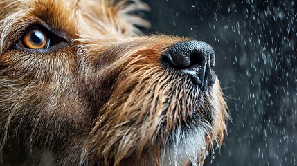 Wet Nose, Golden Eyes: Close-Up of a Dog's Face in Rain