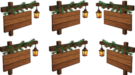 Fototapeta premium Rustic Wooden Sign Post Vector Decorated with Pine Branches, Cones, and a Lit Lantern, Ideal for Christmas Greetings, Winter Holidays, Seasonal Messages, and Menu Boards