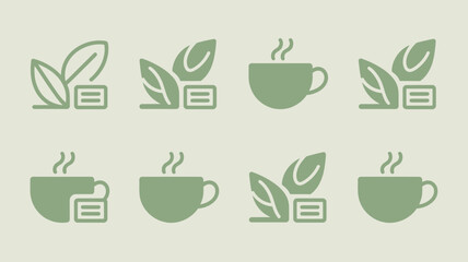 A repeating pattern of green tea cup and leaves icons on a light green background in a simple style