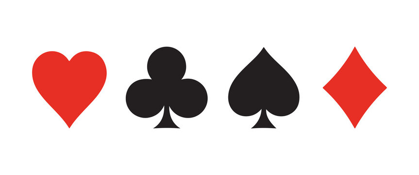 Playing card suits - hearts, clubs, spades, and diamonds - set against a white backdrop. A vector illustration themed around casino gambling. 