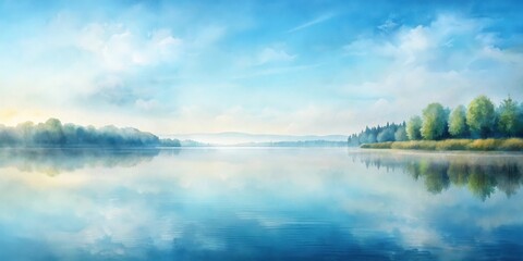 Fototapeta premium Serene Lakeside Panorama A Tranquil Watercolor Depiction of a Calm Body of Water Reflected in a Misty Dawn Sky