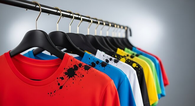 Colorful t-shirts with paint splatter design hanging on a clothing rack