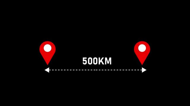 500 km distance from one place to another animation isolated on black background