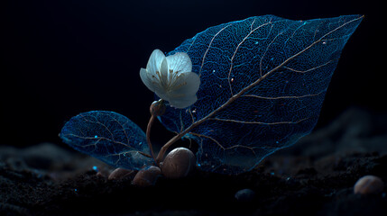 A seedling sprouting, with an intricate blue leaf and a white flower in the center of it, growing out from the soil, illuminated by soft light, against a dark background