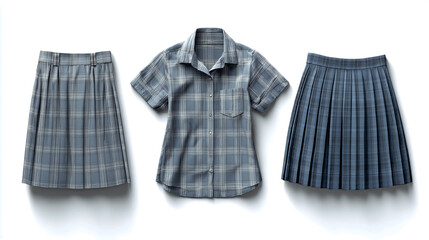 A set of school uniform, consisting of a short-sleeved plaid shirt and a pleated skirt in a pale blue with a light gray check pattern, shown in a front view, flat lay on a white background