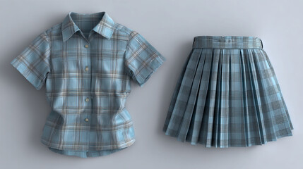 A set of school uniform, consisting of a short-sleeved plaid shirt and a pleated skirt in a pale blue with a light gray check pattern, shown in a front view, flat lay on a white background