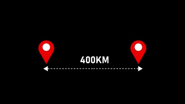 400 km distance from one place to another animation isolated on black background