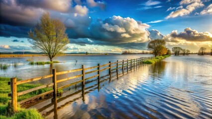 Serene Waters Reflecting a Dramatic Sky, Wooden Fence Partially Submerged in a Floodplain, Trees Standing Tall Amidst the Overflowing River, Peaceful Sunset Scene