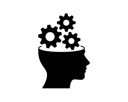 Silhouette of a head with gears inside representing the concept of thinking and processing ideas